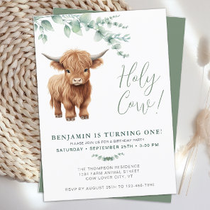 Holy Cow Boho Greenery Highland Cow 1st Birthday Invitation