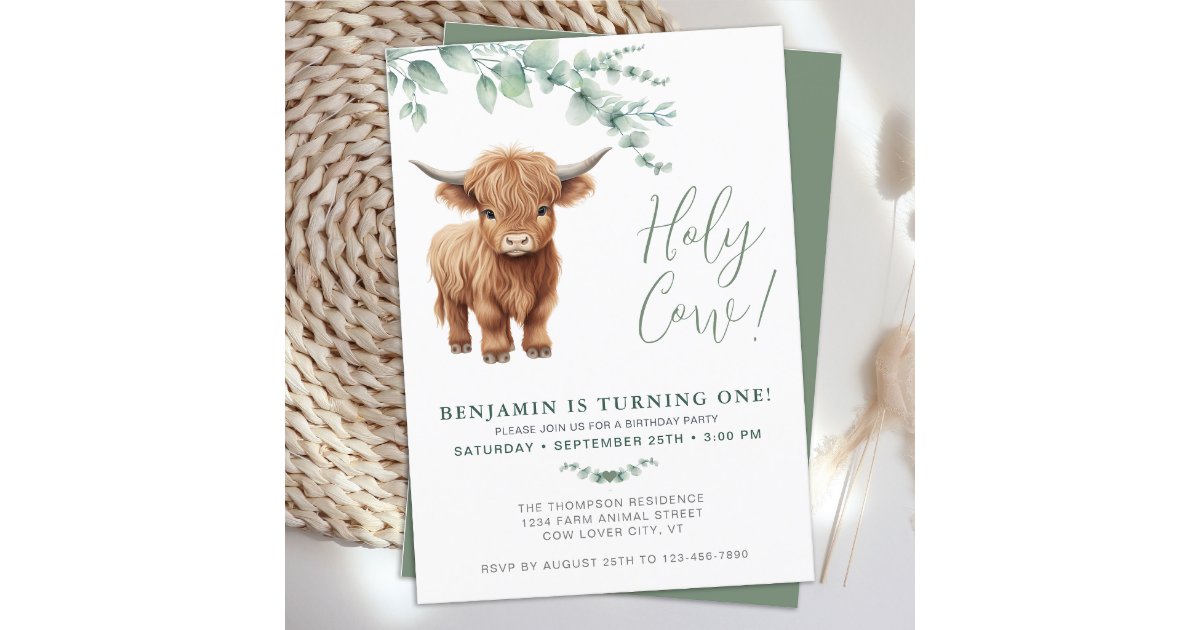 Holy Cow Boho Greenery Highland Cow 1st Birthday Invitation