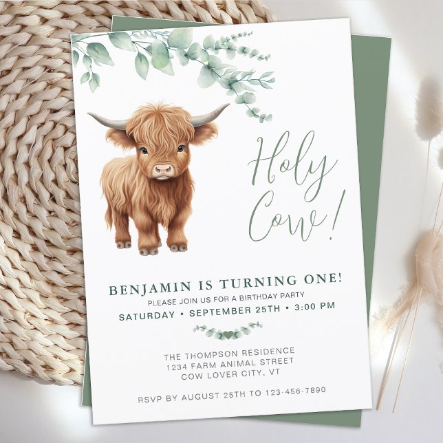 Holy Cow Boho Greenery Highland Cow 1st Birthday Invitation (Creator Uploaded)