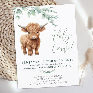 Holy Cow Boho Greenery Highland Cow 1st Birthday Invitation Postcard
