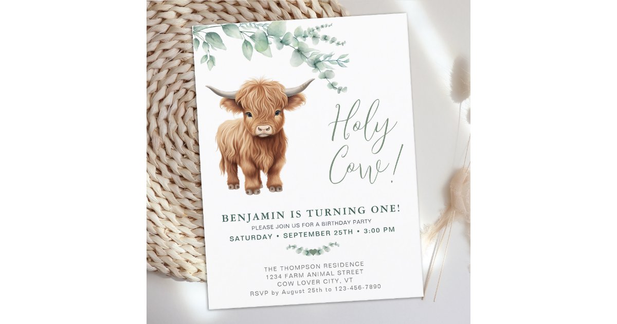 Holy Cow Boho Greenery Highland Cow 1st Birthday Invitation Postcard