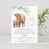 Holy Cow Boho Greenery Highland Cow Baby Shower Invitation (Standing Front)