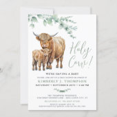 Holy Cow Boho Greenery Highland Cow Baby Shower Invitation (Front)