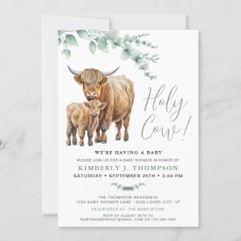 Holy Cow Boho Greenery Highland Cow Baby Shower Invitation | Zazzle