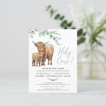 Holy Cow Boho Greenery Highland Cow Baby Shower Invitation Postcard ...