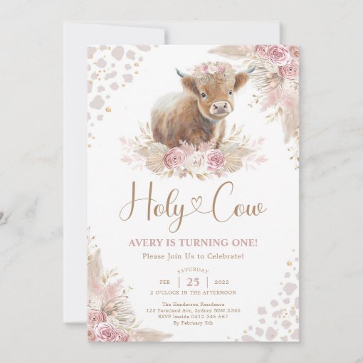 Holy Cow Boho Pampas Highland Cow Girl Birthday Invitation | Zazzle