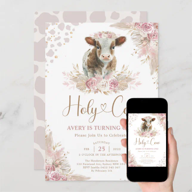 Holy Cow Boho Pink Pampas Cow Baby Girl Birthday Invitation | Zazzle