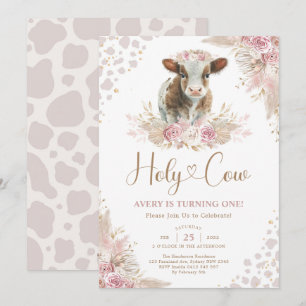 Holy Cow Boho Pink Pampas Cow Baby Girl Birthday Invitation