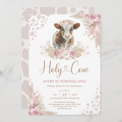 Holy Cow Boho Pink Pampas Cow Baby Girl Birthday Invitation