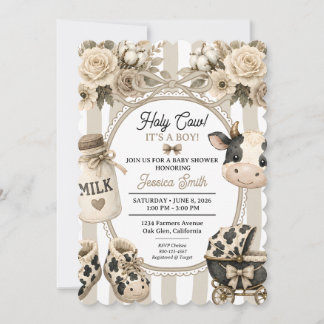 Holy Cow Boy Baby Shower Boho Floral Watercolor Invitation