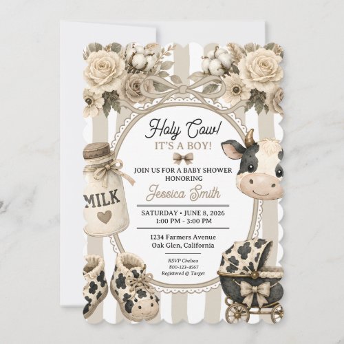 Holy Cow Boy Baby Shower Boho Floral Watercolor Invitation