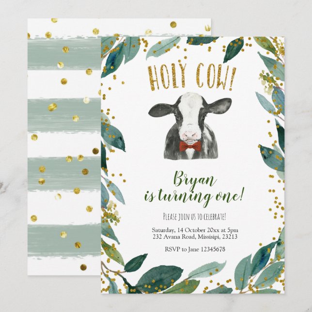 Holy Cow Boy Farm Greenery Birthday Invitation (Front/Back)