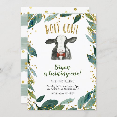 Holy Cow Boy Farm Greenery Birthday Invitation