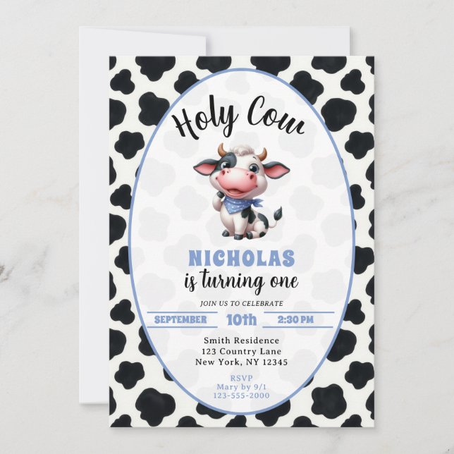 Holy Cow Boy First Birthday Farm Theme Invitation (Front)