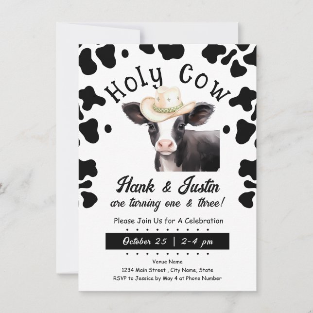 Holy Cow Boy Kids Double Birthday Invitation (Front)