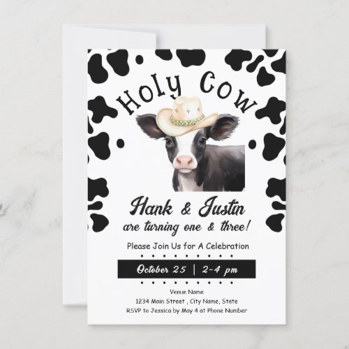 Holy Cow Boy Kids Double Birthday Invitation