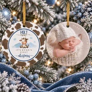 Holy Cow Brown Cow Print Baby 1st Christmas Photo Ceramic Ornament
