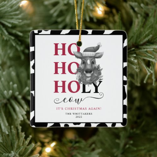 Holy Cow Christmas Photo Cowhide Pattern Ceramic Ornament