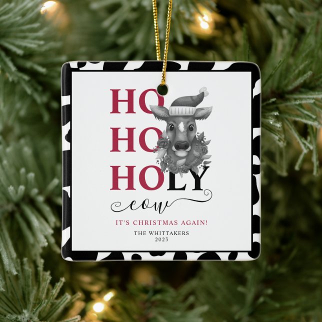 Holy Cow Christmas Photo Cowhide Pattern Ceramic Ornament (Tree)