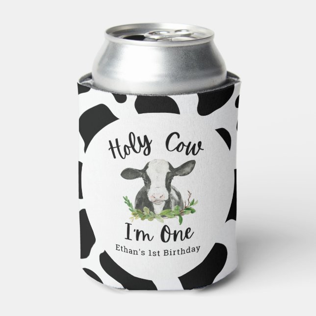 Holy Cow Cow 1st Birthday Party Favor Can Cooler (Can Front)