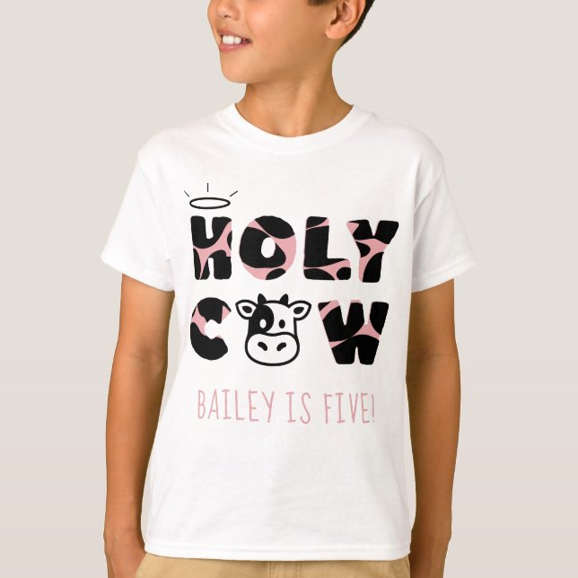 Holy Cow Cow Print Kid's Birthday Name and Age T-Shirt (Front)