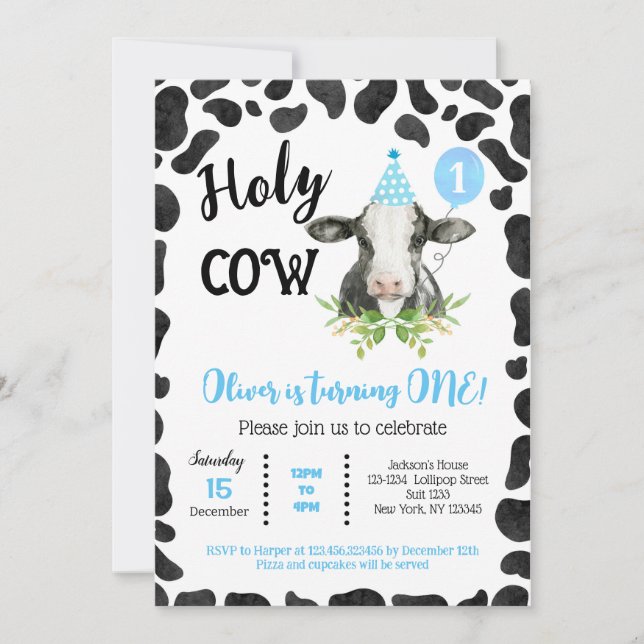 Holy Cow Cow Prints First 1st Birthday Invitations (Front)