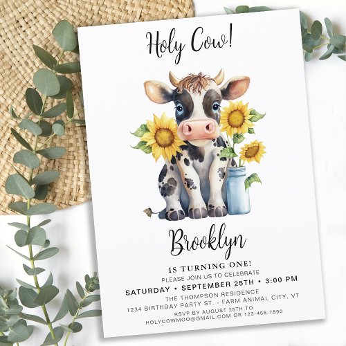 Holy Cow Cute Modern Farm Animal 1st Birthday Invitation