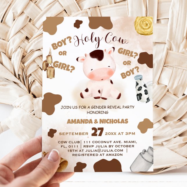 Holy Cow Cute Watercolor Gender Reveal  Invitation (Creator Uploaded)