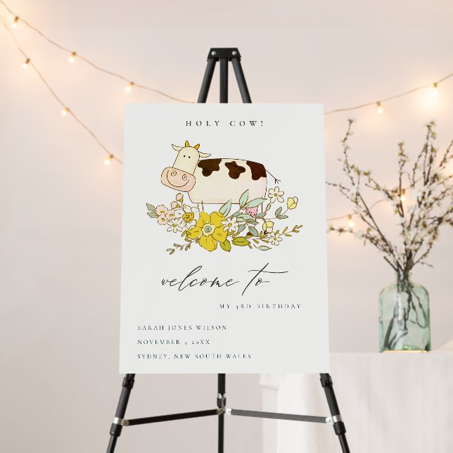 Holy Cow Farm Floral Kids Any Age Birthday Welcome Foam Board (In Situ (Stand))