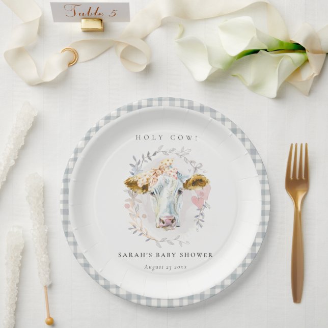 Holy Cow Farm Floral Wreath Plaid Baby Shower Paper Plates (Wedding)
