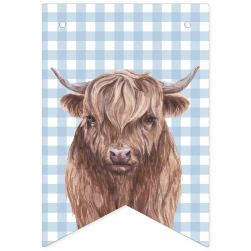 Holy Cow first birthday Blue Plaid Brown Cow Print Bunting Flags