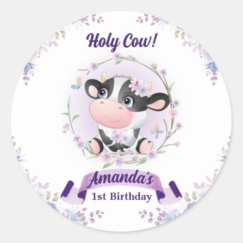 Holy Cow Floral 1st Birthday Party Classic Round Sticker