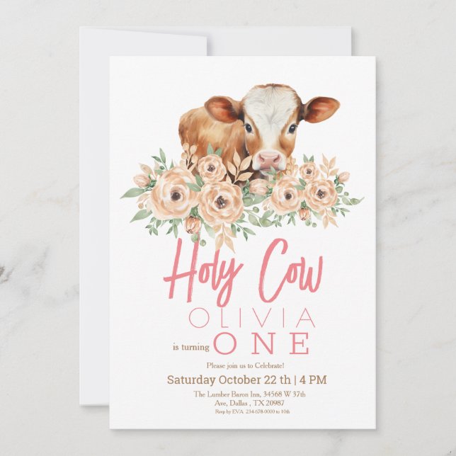 Holy Cow Floral 1st Birthday Party Invitation (Front)