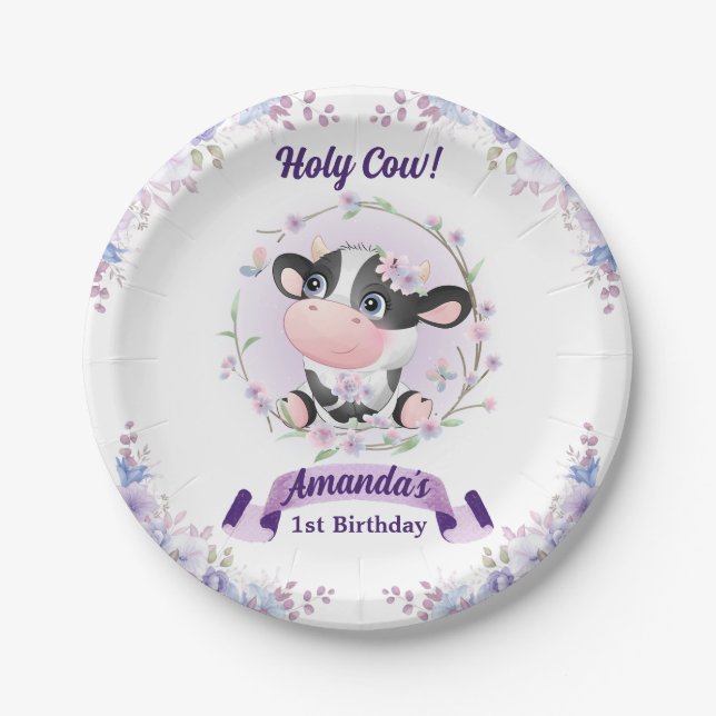 Holy Cow Floral 1st Birthday Party Paper Plates (Front)