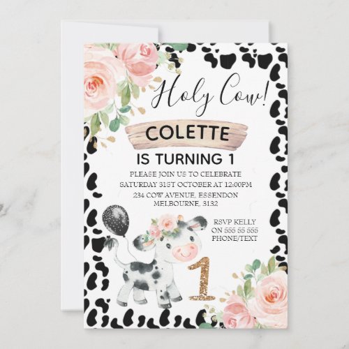 Holy Cow Floral and Cow Print 1st Birthday Invitat Invitation