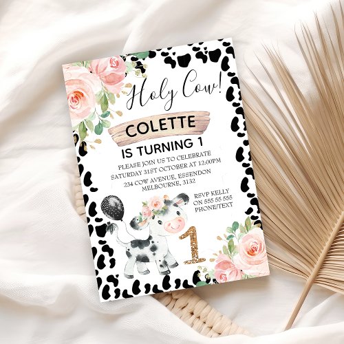 Holy Cow Floral and Cow Print 1st Birthday Invitat Invitation