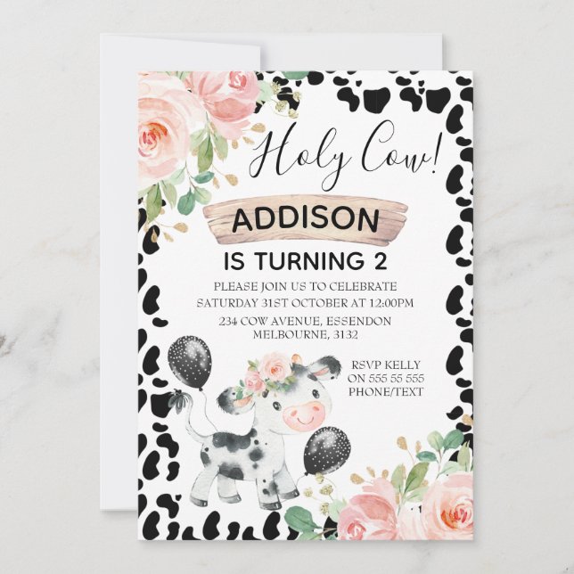 Holy Cow Floral and Cow Print 2nd Birthday Invitat Invitation (Front)