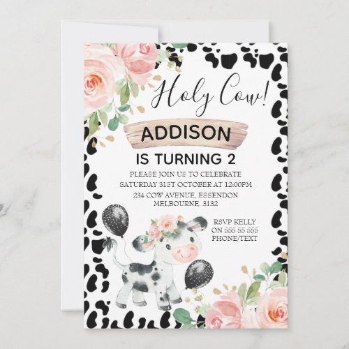 Holy Cow Floral and Cow Print 2nd Birthday Invitat Invitation
