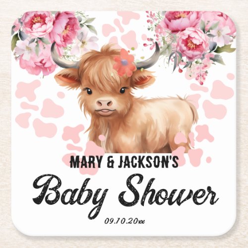 Holy Cow Floral Baby Shower Square Paper Coaster