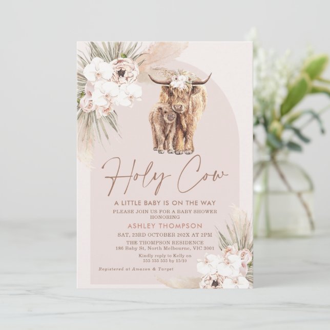 Holy Cow Floral Boho Arch Baby Shower Invitation (Standing Front)