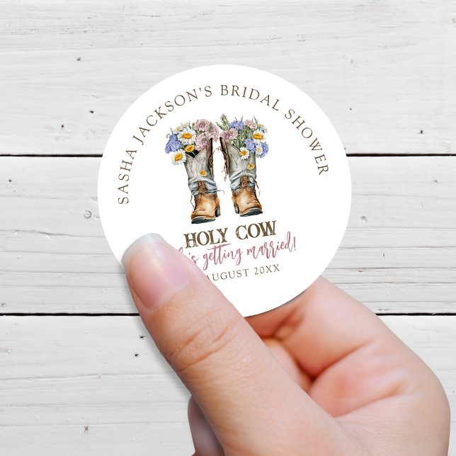 Holy Cow Floral Cowboy Boots Bridal Shower Classic Round Sticker (Creator Uploaded)