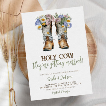 Holy Cow Floral Cowboy Boots Wedding Couple Shower Invitation by thebusinessbunny at Zazzle