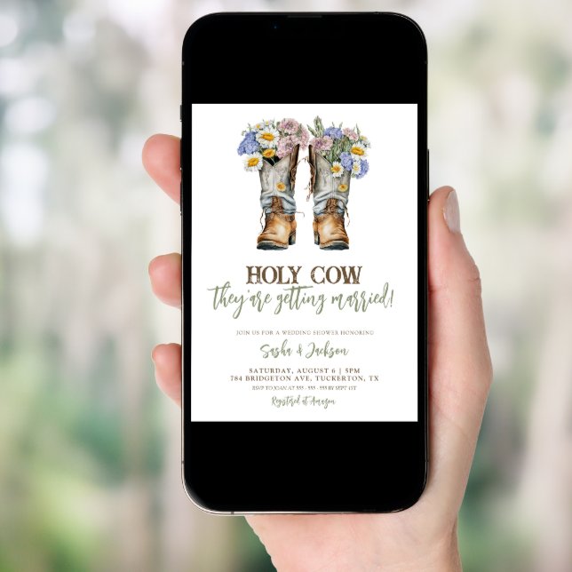 Holy Cow Floral Cowboy Boots Wedding Couple Shower Invitation (Front Digital)