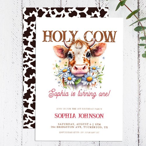 Holy Cow Floral Girl 1st Birthday Invitation