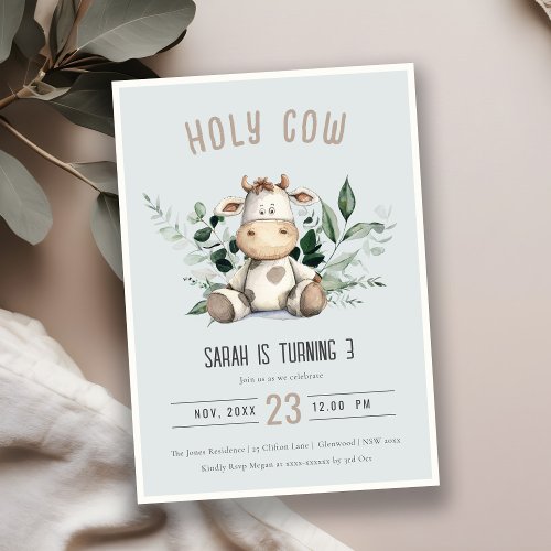 Holy Cow Foliage Pastel Dusky Blue Kids Birthday Invitation