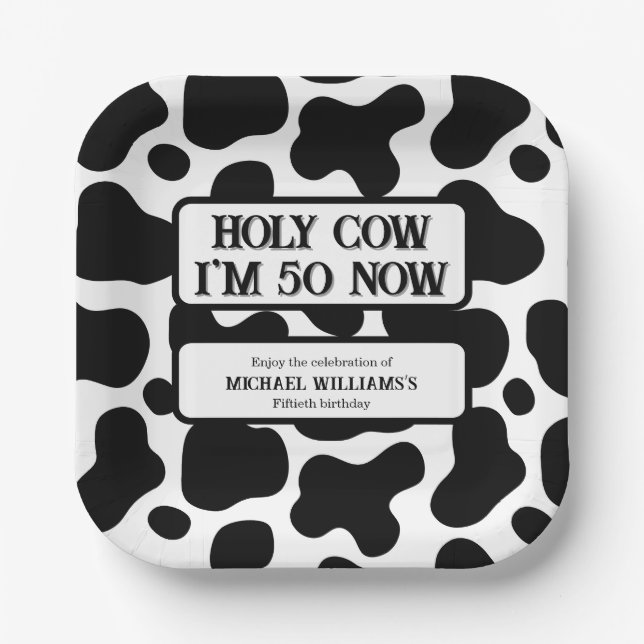 Holy Cow Funny Black White 50th Birthday Paper Plates (Front)