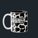 Holy Cow Funny Black White 50th Birthday Two-Tone Coffee Mug<br><div class="desc">Yeehaw! Celebrate his milestone with this whimsical cow-print birthday mug. The design features a black and white cowhide pattern with “Holy Cow, I’m 50 Now” in a bold western-style font at the top. Name and date of birth on the back. Details are displayed in separate editable text boxes for easy...</div>