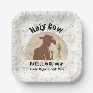 Holy Cow Funny Vintage Cowboy 50th Birthday Paper Plates