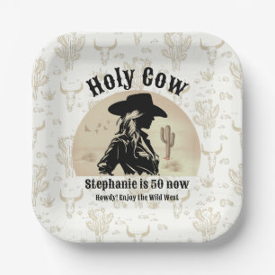 Holy Cow Funny Vintage Cowgirl 50th Birthday Paper Plates