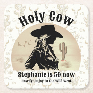 Holy Cow Funny Vintage Cowgirl 50th Birthday Square Paper Coaster